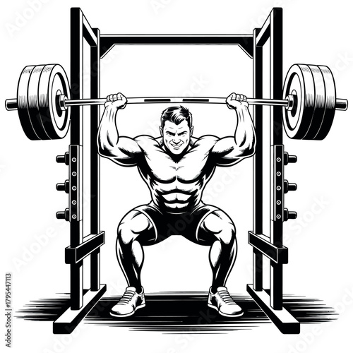 A muscular man performs a heavy barbell squat exercise within a sturdy power rack.