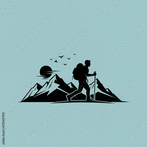Silhouette of a hiker with a backpack and trekking pole walking across a mountain range with a sun and birds in the background.