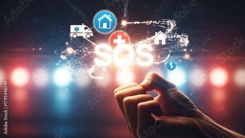 Hand reaching for medical assistance, ambulance, and home care icons in the air