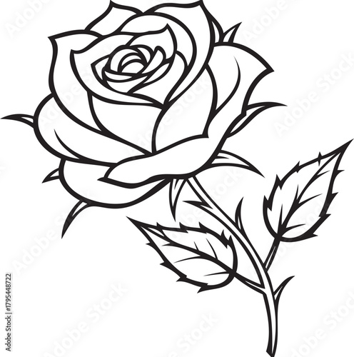 Single rose with thorns and bright green leaves, commercial stock photo