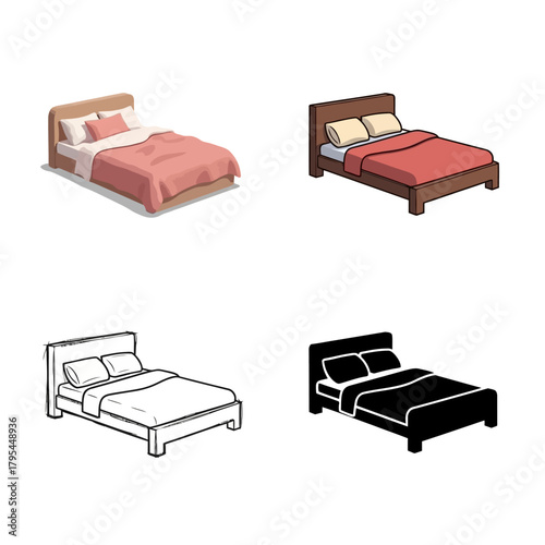 A versatile set of bed icons and illustrations, featuring flat, isometric, line art, and silhouette designs for sleep and home decor concepts