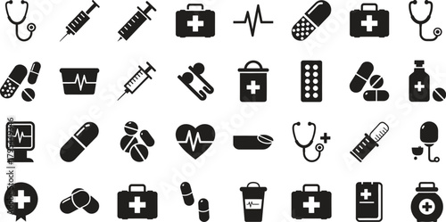 Medical Icon Set Black and White Vector Illustration Healthcare Symbols