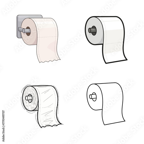 Diverse vector illustrations of toilet paper rolls, presented in an assortment of cartoon and outline art styles, symbolizing essential bathroom hygiene and everyday convenience