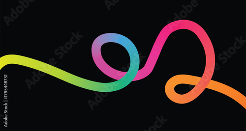 Vibrant rainbow gradient ribbon flowing and swirling in a dynamic abstract shape on black background