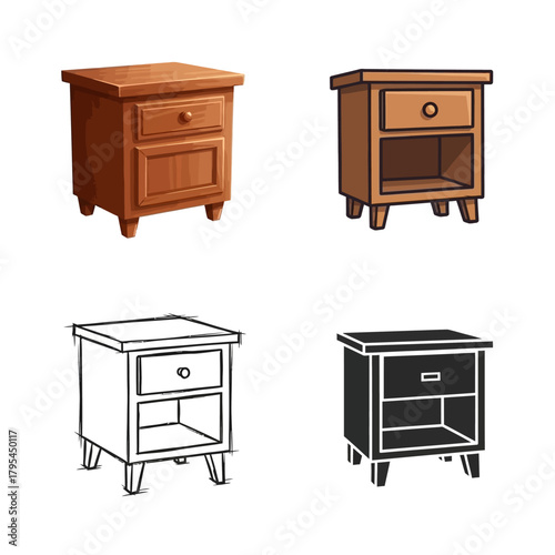 Creative collection of bedside furniture icons, showcasing a wooden nightstand in colorful, outline, and silhouette styles for home interior design concepts