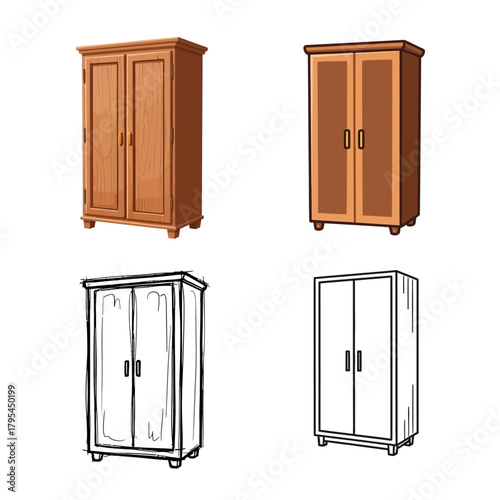 Wardrobe Collection Stylized Illustration Set of Bedroom Cabinets