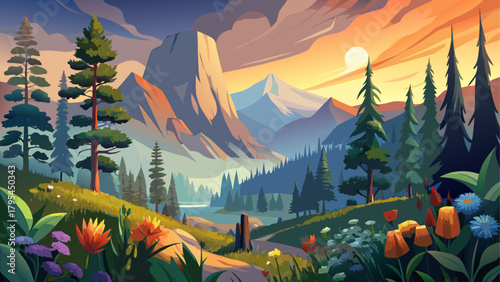 Very beautiful morning view of pine forests and wildflowers in Yosemite National Park, California, USA, featuring colorful alpine flora, towering trees, and soft haze from Ferguson Fire smoke over the