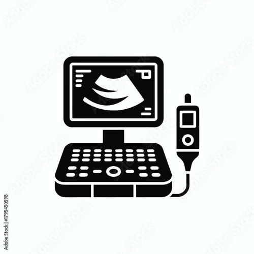 Medical ultrasound machine icon with screen and transducer