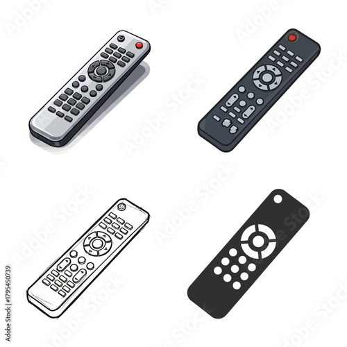 Set of four isolated universal remote controls on a white background with various buttons and designs