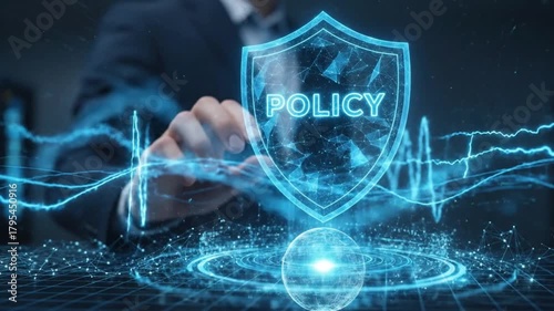 Businessman presenting a digital shield with the word policy for data protection