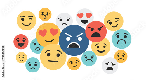 A vibrant collection of colorful emoji faces expressing a wide range of emotions and sentiments.