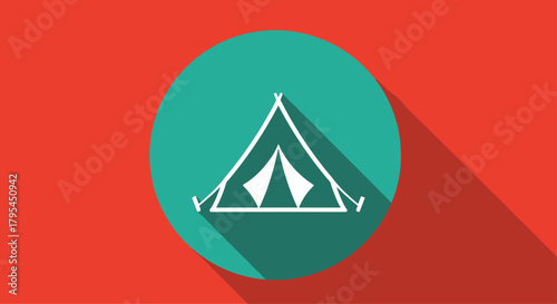 A minimalistic outline of a camping tent inside a teal circle on a vibrant red background with a long shadow effect suggesting a sunny day.