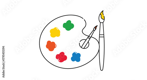 An art palette with colorful paints and brushes is ready for creative expression.