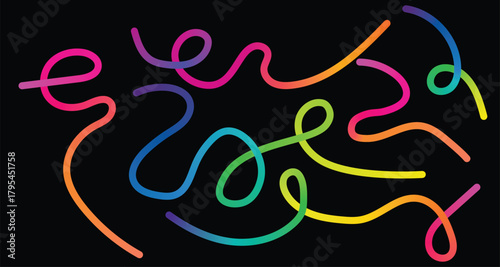 Vibrant neon glow sticks twisted and coiled in a playful abstract pattern against a dark background