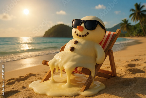 A snowman tourist slowly melts on a secluded beach on the warm Asian coast.