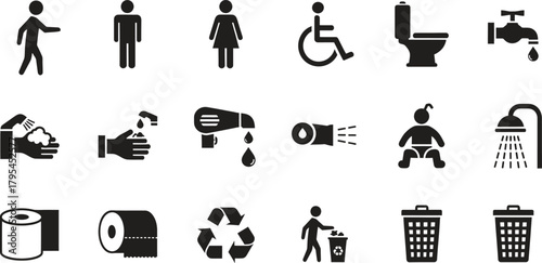 Vector Bathroom and Hygiene Pictograms Signs Icons Collection Illustration Set