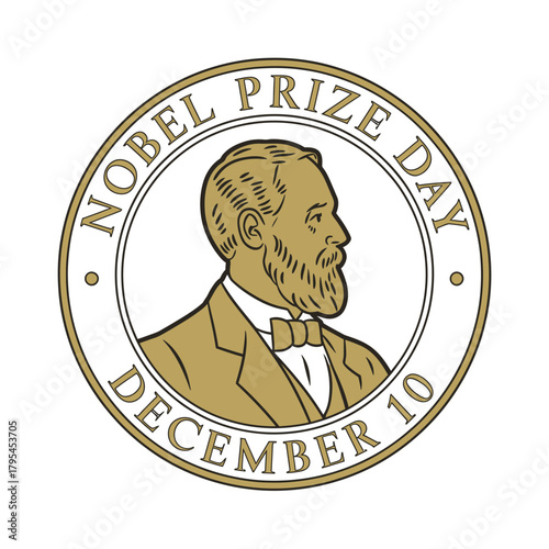 Nobel prize day december 10, illustration of alfred nobel in a circular emblem with text
