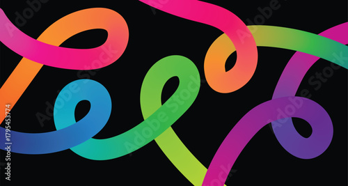 Vibrant rainbow ribbons swirling and intertwining against a dark black background