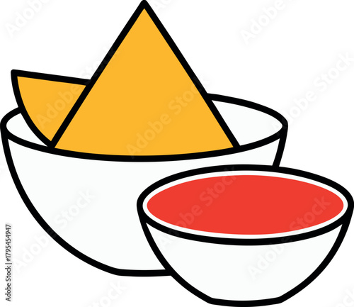 Color Chip and Dip Bowl Illustration with Salsa and Tortilla Snack