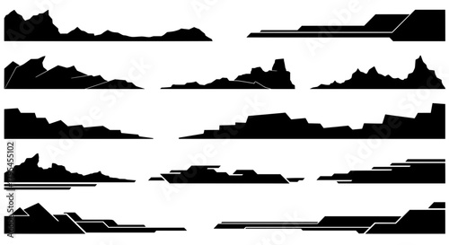 A collection of modern abstract silhouettes. Includes futuristic mountain and rocky terrain shapes, perfect for sci-fi backgrounds or technology-themed decals.