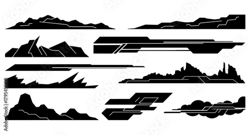 A collection of black and white abstract geometric silhouettes. Modern futuristic vector graphics for sci-fi landscapes, tech backgrounds, or racing decals.