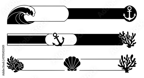 A collection of three black and white vector banners with nautical themes, including waves, anchors, corals, and seashells, perfect for text frames or dividers.
