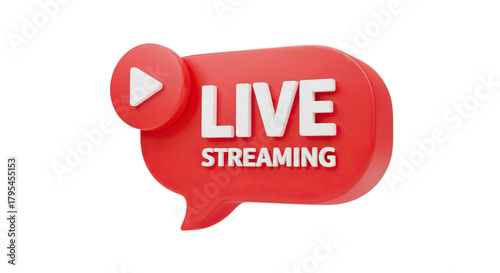 Red speech bubble icon with play button and live streaming text isolated on transparent background