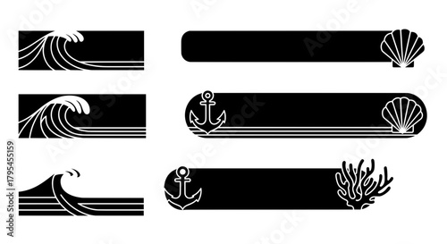 A set of black and white nautical banners and dividers. Features stylized ocean waves, anchors, seashells, and coral. Vector elements for text frames.