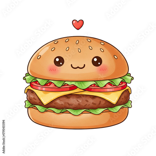 Kawaii Burger With A Heart Above On A Transparent Background