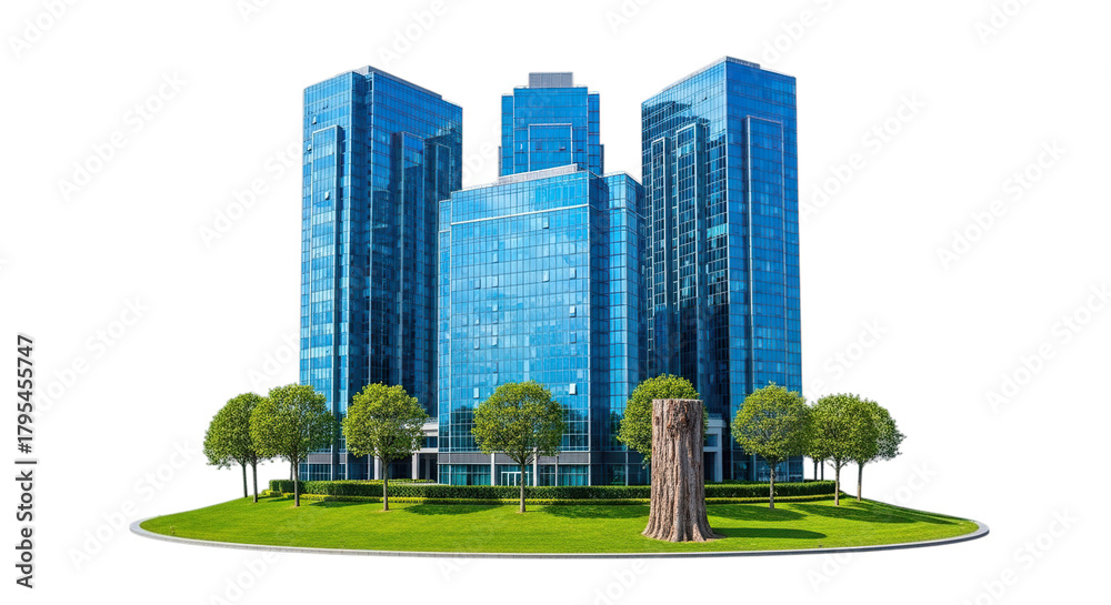 Obraz premium Modern blue glass skyscraper buildings surrounded by lush green trees and grass isolated on transparent background