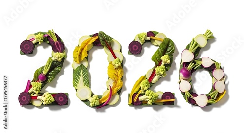 Fresh healthy vegetables form the numbers 2026 on a white background