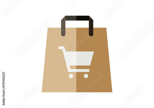 Bolsa de papel marrón con icono de carrito de compras que representa el comercio minorista y las compras en línea