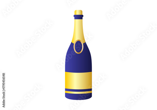 Botella de champán o cava de celebración con etiqueta dorada y azul