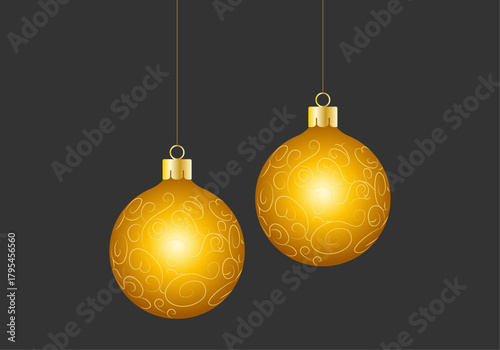 Dos bolas navideñas dorados colgantes con patrón sobre fondo oscuro