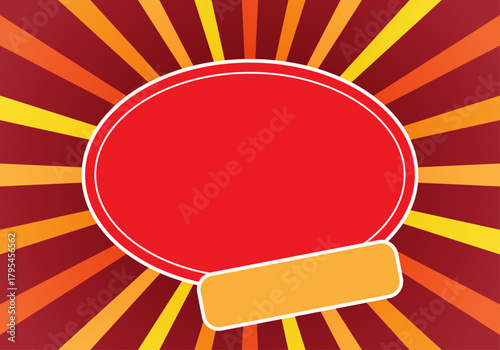 Plantilla de banner promocional con fondo de ráfaga de sol retro y espacio ovalado rojo para texto