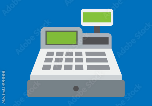 Ilustración de caja registradora moderna para punto de venta con fondo azul