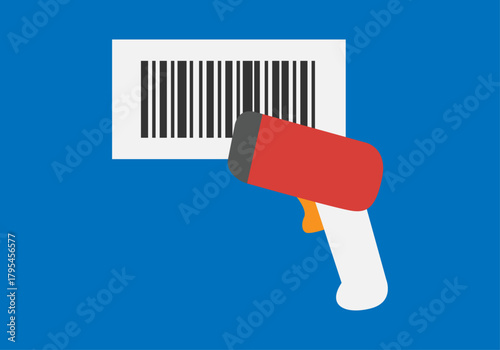 Escáner de código de barras leyendo una etiqueta de producto en un fondo azul