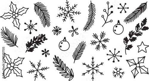 Festive holiday icons including snowflakes, holly, pine sprigs, stars, and ornaments create an elegant pattern