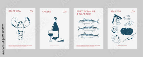 Dolce Vita holiday posters set. Italian doodle style cards with seafood, lobster and lemon. Vertical background designs with Mediterranean food and drink. Hand-drawn vector illustrations.