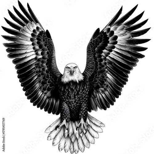 Majestic Bald Eagle Spreading Wings in Dramatic Black and White Contrast Against a Stark Black Background with Detailed Feathers and Intense Gaze