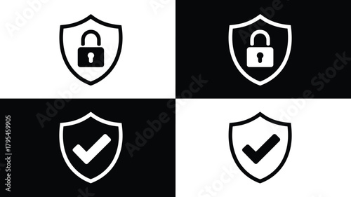 Secure and protected shield icons with lock and checkmark, representing safety, trust, and verification for digital and physical assets