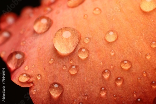 The sent image is a macro photograph of clear water droplets on an orange or salmon-colored flower petal. 