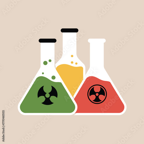 Three flasks with radioactive symbols and colored liquids