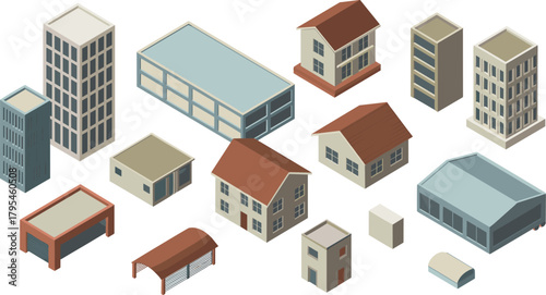Isometric buildings collection, industrial warehouses, residential houses and office structures, detailed 3D architecture elements perfect for city planning, construction and design projects