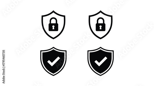 Secure and protected digital shield icons with lock and checkmark, representing data safety and verified access for modern technology solutions.