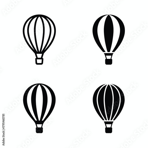 Four stylized hot air balloon icons in black and white