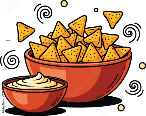 A vibrant cartoon illustration of a heaping red bowl of golden tortilla chips with a creamy dip.