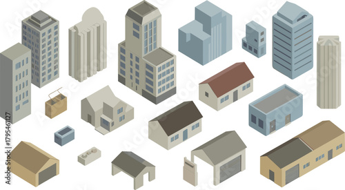 Isometric buildings collection, industrial warehouses, residential houses and office structures, detailed 3D architecture elements perfect for city planning, construction and design projects
