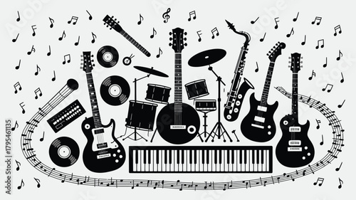 Dynamic ensemble of guitars, saxophones, drums, piano, and records set against a backdrop of musical notes, celebrating the vibrant world of music creation and performance.