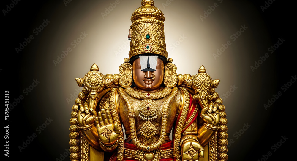 Fototapeta premium A golden statue of the Hindu deity Venkateswara, adorned with jewels and a crown, stands against a dark background.